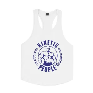 Detailansicht eines weißen Sport-Tanktops aus Baumwolle mit blauem Muskelgrafikdruck