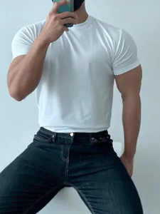 Men Fitness Gym Short Sleeve T-Shirt High Elastic Cotton Breathable Training Top Slim Fit Muscle Cut Crew Neck Tee Workout Apparel
