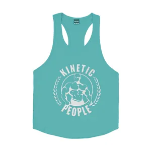 Detailansicht des weißen Kinetic People Muskel-Grafikdrucks auf dem blaugrünen Tanktop