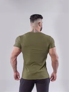Men's olive green slim fit cotton gym t-shirt presented in a professional back view display