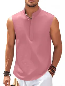 Stylish pink sleeveless shirt for men featuring a mandarin collar for summer wear