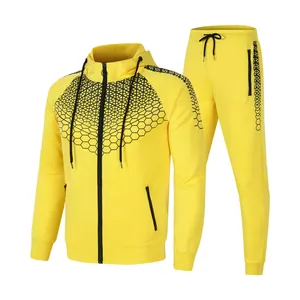 Gelber Herren-Trainingsanzug zweiteilig mit geometrischem Wabenmuster-Print Detail