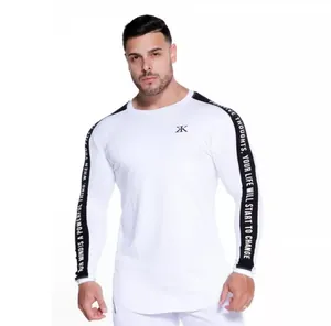 White men's quick-dry long-sleeved fitness t-shirt with inspirational sleeve text print