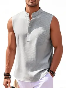 Modern men's summer striped sleeveless shirt with stand collar and lightweight fabric