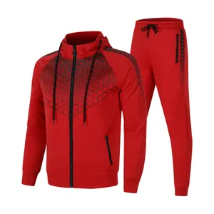 Roter Herren-Trainingsanzug mit Kapuze und schwarzem geometrischem Wabenmuster-Print
