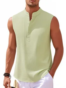 Men's summer sleeveless shirt with mandarin collar in light green textured fabric