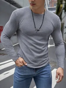 Herren Langarmshirt in Grau mit Waffelstrick und Rundhalsausschnitt im Slim-Fit