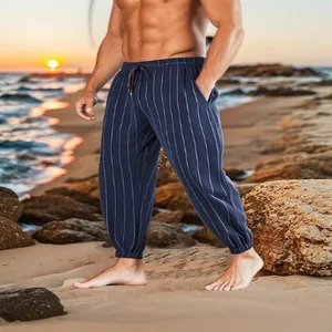 Ανδρικό casual μπλε ριγέ λινό παντελόνι, χαλαρό και αναπνεύσιμο για την παραλία