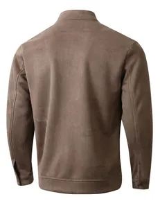 Back view of classic brown faux suede men's casual jacket with stand collar detail