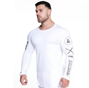 Detail view of men's white long-sleeve compression gym shirt with arm sleeve prints
