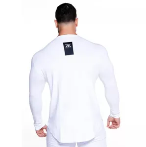 Back view of a white men's athletic compression long sleeve shirt for gym training.