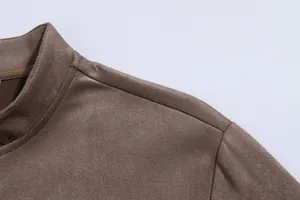 Close-up detail of the shoulder and collar area of a brown slim-fit men's casual jacket