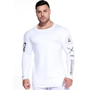 Close-up of men's white compression training shirt with sleeve graphics