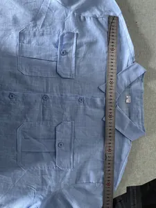 Detailed measurement view of light blue cotton linen men's shirt with double pockets