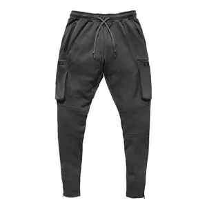 Men's charcoal grey cargo sweatpants with zipper pockets and tapered leg for fitness training