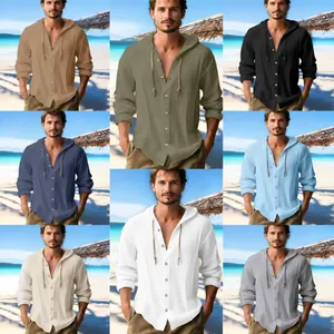 Chemise à Capuche Décontractée en Coton et Lin pour Hommes Manches Longues Ample Couleur Unie Top de Plage pour Été