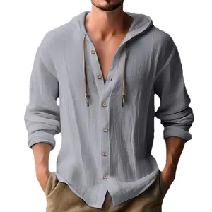 Chemise décontractée à capuche en coton et lin pour homme, idéale pour un look de plage.