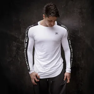 Breathable compression men's long sleeve gym top with graphic sleeve stripes white