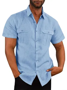 Men's Casual Linen Short Sleeve Shirt Summer Vacation Button Down Top With Double Chest Pockets Solid Color Loose Fit Shirts For Men