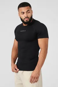 Side view of a men's black high-stretch compression fitness t-shirt with YoungLA logo