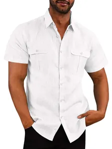 Men's casual white short sleeve linen cotton shirt with double front pockets for vacation