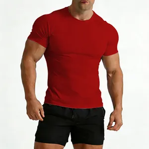 Detailed view of red slim fit gym t-shirt highlighting muscular build and crew neck