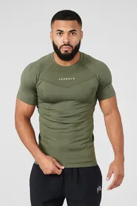 Detail shot of a men's olive green compression workout t-shirt featuring YoungLA branding.