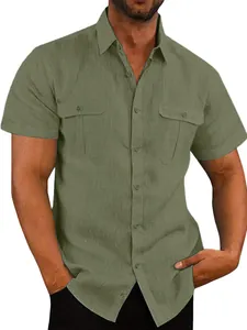 Men's casual cotton linen short sleeve shirt with dual chest pockets in olive green.