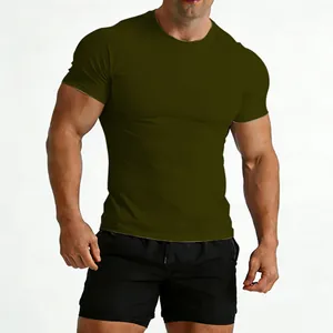 Men's olive green slim fit fitness t-shirt with crew neck and raglan sleeves