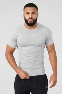 Front view of men's light gray high-stretch compression fitness T-shirt by YoungLA.