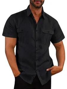 Men's classic casual black cotton linen short sleeve shirt featuring double chest pockets