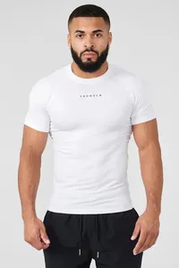 Detail view of men's high elastic white compression t-shirt with YOUNGLA logo print
