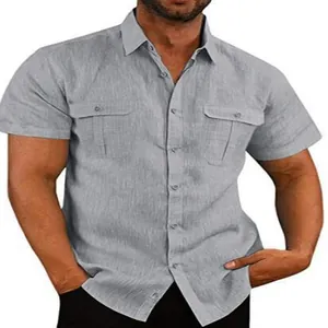Men's casual short-sleeve cotton linen shirt with double chest pockets in grey.