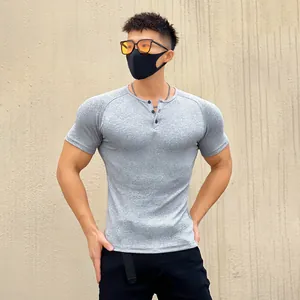 Muscle fit grey ribbed Henley t-shirt for men's fitness and training