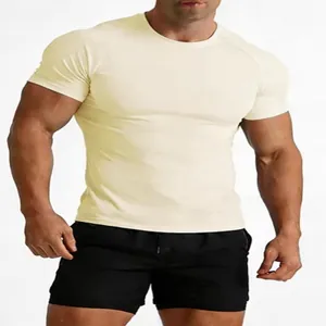 Men's athletic fit short sleeve cotton T-shirt with crew neck in solid cream white color