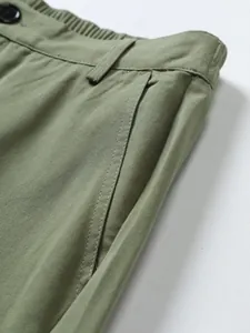 Close-up detail of men's olive green woven beach shorts showing stitching and pocket