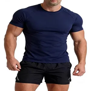 Men's navy blue short sleeve fitness t-shirt with round neck and slim athletic fit