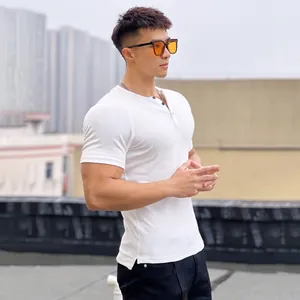 Athletic muscle fit white ribbed Henley t-shirt for men showing stretch fabric detail