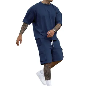 Men's navy blue summer sports set featuring short sleeve t-shirt and cargo shorts