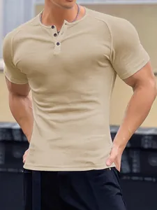 Men's Muscle Fit Ribbed Henley T-Shirt Solid Color Short Sleeve Pullover Sporty Casual Top For Gym Fitness Workout Tee