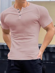Muscle fit men's ribbed henley T-shirt in dusty pink for fitness and casual wear