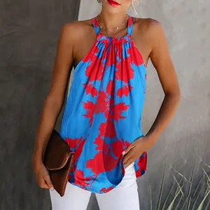 Casual γυναικείο αμάνικο μπλουζάκι με halter λαιμόκοψη και έντονα φλοράλ σχέδια