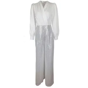 Full length view of elegant white V-neck long sleeve jumpsuit with silver sequined wide-leg pants