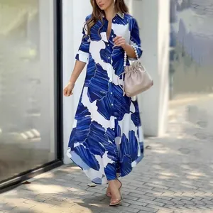 Robe Chemisier Femme Décontractée à Revers Manches Longues Imprimé Bohème Motif Fleurs Feuilles Robe Longue Pour Vacances