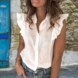 Elegant white sleeveless blouse with ruffled sleeves and breathable linen texture fabric.