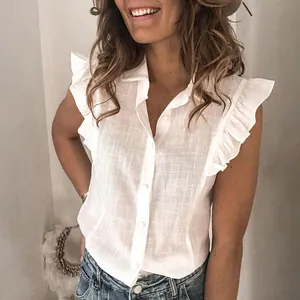 White sleeveless blouse with ruffle sleeves and lapel collar in a loose casual fit