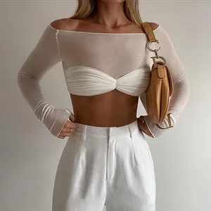 Women Off-Shoulder Solid Color Crop Top Long Sleeve T-Shirt Mesh Patchwork Sexy Slim Fit Pullover Top
