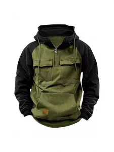 Men's American Vintage Hooded Sweatshirt Fleece Lined Loose Fit Zipper Jacket Solid Color Utility Workwear Winter Warm Top