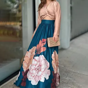 Women Vacation Cotton Satin Outfit Long Sleeve Cropped Top And High Waist Floral Print Long Skirt Two Piece Suit Streetwear