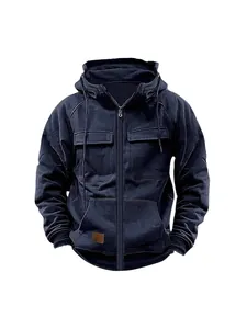 Vintage dark blue men's fleece-lined zip-up hoodie with multiple pockets and drawstring hood